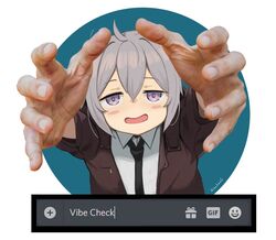  ahoge black_necktie blush blush_stickers brown_jacket circle collared_shirt discord dress_shirt female fingernails girls&#039;_frontline grey_hair hands jacket kion-kun looking_at_viewer loose_necktie m200_(girls&#039;_frontline) meme necktie no_gloves open_clothes open_jacket open_mouth photo_inset purple_eyes reaching reaching_towards_viewer search_bar shirt sidelocks smile smiley_face solo twitter_username upper_body vibe_check_(meme) white_background white_shirt 