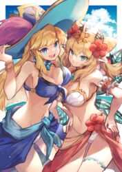  2girls absurdres armband asymmetrical_docking awilda_(p&amp;d) bikini blonde_hair blue_hair breast_press breasts cleavage double_bun flower gradient_eyes green_eyes hair_bun hair_flower hair_ornament hat_feather hibiscus highres horns kuuron_(moesann17) leaf_wings multicolored_eyes multiple_girls open_mouth pointy_ears puzzle_&amp;_dragons red_eyes rosalyn_(p&amp;d) sarong single_horn swimsuit 