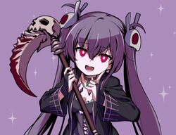  :d black_choker breasts choker cleavage female hair_ornament hands_up highres holding holding_scythe holding_weapon jewelry long_hair long_sleeves looking_at_viewer memento_(sennen_sensou_aigis) necklace pi_(pnipippi) pink_eyes purple_background purple_hair scythe sennen_sensou_aigis skull_hair_ornament small_breasts smile solo twintails very_long_hair weapon 