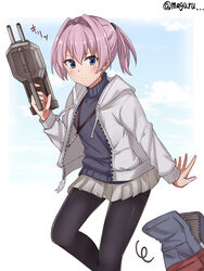  &gt;:) adapted_turret alternate_costume bad_id bad_twitter_id bag black_pantyhose blue_eyes blush cannon cat_zipper closed_mouth commentary_request feet_out_of_frame female grey_jacket grey_skirt grey_sweater hair_between_eyes hair_intakes hand_up highres holding holding_weapon jacket kantai_collection long_sleeves looking_at_viewer meguru_(megurunn) miniskirt official_alternate_costume open_clothes open_jacket pantyhose pink_hair pleated_skirt ponytail shiranui_(kancolle) short_hair skirt smile solo split_mouth standing sweater turret turtleneck turtleneck_sweater twitter_username v-shaped_eyebrows weapon 