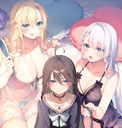  1boy 2girls ahoge black_hair blonde_hair blue_eyes blush bow breasts brushing_another&#039;s_hair brushing_hair choker collarbone commentary_request cropped hair_between_eyes hair_brush hand_in_another&#039;s_hair highres holding holding_another&#039;s_hair large_breasts leonis_death_magnus long_hair multiple_girls novel_illustration official_art open_mouth otoko_no_ko pajamas panties pillow regina_mercedes riselia_ray_crystalia school_uniform see-through seiken_gakuin_no_maken_tsukai tongue tongue_out toosaka_asagi underwear very_long_hair white_hair 