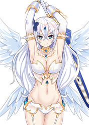  angel angel_wings armpits arms_up black_heart_(neptunia) blue_eyes blush body_blush breasts elbow_gloves feathered_wings female flower four_goddesses_online:_cyber_dimension_neptune garter_straps gloves grey_hair hair_flower hair_ornament highres long_hair looking_at_viewer medium_breasts navel neptune_(series) smile solo symbol-shaped_pupils very_long_hair wings zatsu 