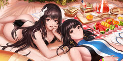  2girls ass bikini black_eyes black_hair breasts brown_eyes cleavage drink dungeon_and_fighter food fruit long_hair monaim sideboob swimsuit wristwear 