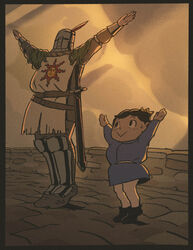  2boys :&gt; \o/ armor arms_up belt black_border black_hair blue_coat bojji border chainmail cloud cloudy_sky coat crossover crown dark_souls_(series) dark_souls_i english_commentary full_body gobert greaves helmet highres looking_at_another multiple_boys ousama_ranking outstretched_arms praise_the_sun sheath sheathed short_hair sky solaire_of_astora spread_arms standing sweatdrop sword tabard weapon 