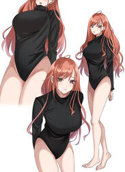  antenna_hair arisugawa_natsuha arms_behind_back bare_legs barefoot black_eyes blush breasts chestnut_mouth commentary_request female frown heattech_leotard highleg highleg_leotard highres idolmaster idolmaster_shiny_colors large_breasts leotard long_hair long_sleeves looking_at_viewer multiple_views parted_lips photoshop_(medium) red_hair simple_background tranquility_of_nature turtleneck uniqlo white_background 