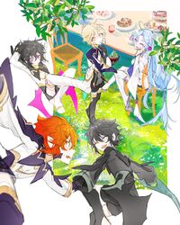  2boys androgynous black_hair blonde_hair blue_hair female flower hair_flower hair_ornament highres korean_commentary leeee_ro long_hair lord_of_heroes lumie_miratisa lumie_miratisa_(water) multiple_boys nine_(dark) nine_(earth) nine_(fire) nine_(lord_of_heroes) nine_(water) otoko_no_ko pale_skin pink_eyes pointy_ears purple_eyes red_hair short_hair tea_party yellow_eyes 