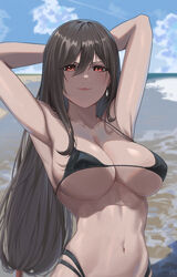  :3 alternate_costume armpits arms_up asymmetrical_hair beach bikini black_bikini blue_sky blush breasts brown_hair cleavage closed_mouth cloud cloudy_sky commentary contrail cowboy_shot day earrings female final_fantasy final_fantasy_vii glint hair_between_eyes highres jewelry large_breasts lips long_hair looking_at_viewer low-tied_long_hair navel ocean outdoors red_eyes ryudraw sidelocks signature skindentation sky smile solo stomach string_bikini swimsuit symbol-only_commentary tifa_lockhart 