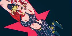  armpits arms_up breasts commentary cuffs double_bun female green_hair green_lips hair_bun handcuffs jojo_no_kimyou_na_bouken kujo_jolyne long_hair looking_at_viewer medium_breasts multicolored_hair navel shenshan_laolin solo spider_web_print starry_background stone_ocean symbol-only_commentary two-tone_hair 