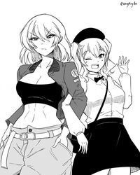  2girls aged_up alternate_costume arm_up bag belt bow bowtie commentary english_commentary frown greyscale hair_between_eyes hands_in_pockets hat jacket kantai_collection kashima_(kancolle) locked_arms looking_at_viewer mature_re-class_battleship_(wangphing) midriff monochrome multiple_girls navel one_eye_closed open_clothes open_jacket pants re-class_battleship shirt short_hair shoulder_bag skirt smile strapless tube_top twintails wangphing waving 