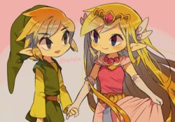  1boy belt blonde_hair blue_eyes blush closed_mouth commentary dress eye_contact eyelashes female floating_hair gloves green_headwear grey_gloves hair_ornament hat holding holding_hands link long_dress long_hair long_sleeves looking_at_another pink_dress pointy_ears princess_zelda skirt_hold smile the_legend_of_zelda the_legend_of_zelda:_the_wind_waker tiara tokuura toon_link toon_zelda 