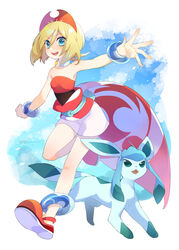  :d akibotann anklet blonde_hair blush bracelet commentary_request eyelashes female glaceon green_eyes hairband happy highres irida_(pokemon) jewelry knees open_mouth orange_footwear orange_shirt outstretched_arms pokemon pokemon_(creature) pokemon_legends:_arceus red_hairband sash shirt shoes shorts smile spread_fingers strapless strapless_shirt teeth tongue upper_teeth_only waist_cape white_shorts 