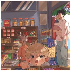  3boys aged_down black_eyes black_hair blonde_hair blue_pants border candy candy_store carrying day dm_0820 empty_eyes feet_out_of_frame female food hair_between_eyes highres indoors kurokawa_izana multiple_boys open_mouth pants pink_footwear pink_shorts red_shirt sandals sano_emma sano_manjirou sano_shinichirou shirt shop short_hair short_sleeves shorts siblings snack standing tokyo_revengers tongue tongue_out twitter_username upper_body white_border white_hair white_shirt 