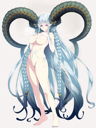  +_+ absurdly_long_hair asami_asami barefoot bikini blue_hair blush braid breasts cameltoe choker cleavage curled_horns fate/grand_order fate_(series) female full_body gloves hair_between_eyes highres horns large_breasts legs long_hair looking_at_viewer micro_bikini navel photoshop_(medium) pointy_ears pubic_tattoo purple_eyes solo stomach_tattoo swimsuit tattoo tiamat_(fate) very_long_hair white_bikini white_gloves 