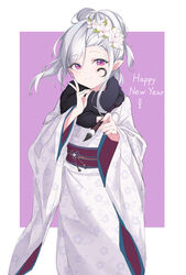  absurdres blue_archive closed_mouth commentary english_commentary facepaint female floral_print flower fur_collar hair_flower hair_ornament happy_new_year highres holding holding_paintbrush japanese_clothes kimono long_hair long_sleeves looking_at_viewer mutsuki_(blue_archive) mutsuki_(new_year)_(blue_archive) obi paintbrush print_kimono purple_eyes sash simple_background smile solo white_hair white_kimono yume_(454565427) 