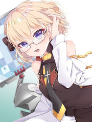  azur_lane bare_shoulders black_bow black_necktie blonde_hair blurry blurry_background blush bow brown_shirt brown_skirt commentary_request depth_of_field dutch_angle female glasses hair_between_eyes hairbow hand_in_own_hair hand_up jacket long_sleeves looking_at_viewer necktie official_alternate_costume open_clothes open_jacket open_mouth purple_eyes shirt shiruko_(27anko) skirt sleeveless sleeveless_shirt solo teeth upper_teeth_only white_jacket z23_(azur_lane) z23_(philosophy_sensei)_(azur_lane) 