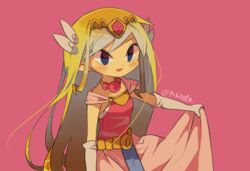  artist_name belt blonde_hair blue_eyes blush commentary dress female floating_hair gloves hair_ornament holding jewelry long_dress long_hair necklace open_mouth pink_background pink_dress princess_zelda simple_background skirt_hold smile solo the_legend_of_zelda the_legend_of_zelda:_the_wind_waker tiara tokuura toon_zelda watermark 