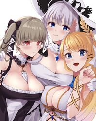  3girls :d absurdres ahoge azur_lane bare_shoulders between_breasts black_dress blonde_hair blue_eyes blue_flower blue_gemstone blue_rose blunt_bangs blush breasts brown_nails center_opening choker cleavage collarbone commentary dress elbow_gloves flower flower_ornament formidable_(azur_lane) frilled_dress frills gem gloves gold_trim grey_hair hair_ornament hair_ribbon halterneck hand_up hands_on_another&#039;s_shoulders hat highres illustrious_(azur_lane) lace-trimmed_headwear lace_trim large_breasts laurel_crown long_hair looking_at_viewer maid mole mole_under_eye multiple_girls necktie necktie_between_breasts open_mouth parted_lips red_eyes ribbon rose sidelocks simple_background sitting sleeveless sleeveless_dress smile strapless strapless_dress sun_hat taut_clothes taut_dress tress_ribbon twintails two-tone_dress two-tone_ribbon upper_body very_long_hair victorious_(azur_lane) wee_(weeyy) white_background white_choker white_dress white_gloves white_hair white_headwear wrist_ribbon 