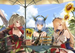  3girls ahoge alcohol arm_support azur_lane backless_dress backless_outfit bad_id bad_pixiv_id bare_shoulders belt black_collar black_gloves blonde_hair blue_hair blue_sky blurry bottle breasts brown_belt brown_choker bustier cake cake_stand chair choker cleavage cleavage_cutout closed_mouth clothing_cutout cloud cloudy_sky collar collarbone commentary_request commission contrail corset cropped_jacket cross cross-laced_clothes cross_necklace cup day depth_of_field detached_collar detached_sleeves dress drinking_glass eyes_visible_through_hair flower food gascogne_(azur_lane) gloves gold_trim grey_hair hair_between_eyes hair_ribbon halo hand_on_own_cheek hand_on_own_face head_rest head_tilt headgear high_collar highres holding holding_bottle horizon jean_bart_(azur_lane) jewelry juliet_sleeves long_hair long_sleeves looking_at_viewer manjirou_(manji_illust) mechanical_ears mechanical_halo midriff multiple_girls necklace o-ring o-ring_choker ocean outdoors parted_lips pixiv_commission ponytail puffy_sleeves purple_eyes red_corset red_eyes red_thighhighs ribbon richelieu_(azur_lane) short_hair sidelocks sitting skull_belt sky sleeveless sleeveless_dress small_breasts smile strapless strapless_dress strawberry_shortcake striped striped_sleeves sunflower table thighhighs tiara triangle_mouth vertical-striped_sleeves vertical_stripes wine wine_bottle wine_glass yellow_eyes 