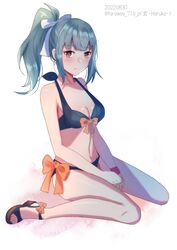  bikini black_bikini brown_eyes dated female full_body grey_hair hair_ribbon haruka_faraway716 highres kantai_collection official_alternate_costume one-hour_drawing_challenge ponytail ribbon side-tie_bikini_bottom sitting solo swimsuit twitter_username wariza white_background white_ribbon yuubari_(kancolle) yuubari_kai_ni_(kancolle) yuubari_kai_ni_(swimsuit_mode)_(kancolle) 