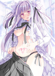  ass_visible_through_thighs asymmetrical_bangs black_panties blurry blurry_background blush breasts brown_eyes cleavage cowboy_shot dress female flower frills gown groin hair_flower hair_ornament hair_ribbon holding holding_clothes hoshino_koucha large_breasts long_hair long_sleeves looking_at_viewer navel no_bra open_clothes open_mouth original panties pubic_tattoo purple_hair ribbon side-tie_panties sidelocks skirt solo stomach tattoo thigh_gap thighs underboob underwear unworn_skirt 