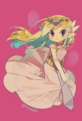  artist_name belt blonde_hair blush closed_mouth commentary dress female floating_hair gloves hair_ornament highres jewelry long_dress long_hair necklace pink_background pointy_ears princess_zelda purple_dress simple_background smile solo the_legend_of_zelda the_legend_of_zelda:_the_wind_waker tiara tokuura toon_zelda watermark 