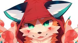  2022 absurd_res anthro blush canid canine claws clothing fangs finger_claws fox foxy_(nekojita) fur green_eyes hi_res hoodie inner_ear_fluff kemono looking_at_viewer male male_anthro mammal nekojita orange_body orange_fur palms pawpads pink_pawpads red_clothing red_hoodie red_topwear shaded solo teeth topwear tuft white_body white_fur 