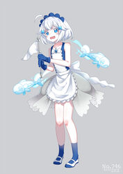  ahoge apron blue_eyes blue_gloves blue_socks commentary_request creature_and_personification female fish flag full_body gloves grey_background highres holding holding_flag looking_at_viewer merlusa open_mouth personification pokedex_number pokemon pokemon_(creature) short_hair simple_background socks solo standing wavy_mouth white_apron white_flag white_footwear white_hair wishiwashi wishiwashi_(solo) 