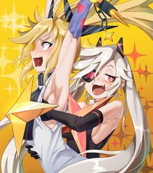  2girls black_shirt blonde_hair blue_eyes blush djmax djmax_respect fangs grabbing grabbing_another&#039;s_breast highres long_hair looking_at_viewer multiple_girls non-web_source open_mouth red_eyes sd_bigpie shirt source_request white_hair white_shirt yuri 