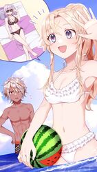  1boy 2girls abs absurdres albaz_(yu-gi-oh!) ball beach beachball bikini black_bikini blonde_hair breasts cleavage dark-skinned_male dark_skin duel_monster ecclesia_(yu-gi-oh!) fallen_of_albaz fleurdelis_(yu-gi-oh!) food frilled_bikini frills fruit highres incredible_ecclesia_the_virtuous large_breasts long_hair medium_breasts multiple_girls navel one_eye_closed outdoors pinyata_(pinyaland) pointy_ears purple_hair stomach sunglasses swimsuit the_iris_swordsoul very_long_hair watermelon watermelon_beachball white_bikini yu-gi-oh! 