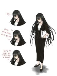  alpello1901 black_dress black_footwear black_hair black_legwear brown_eyes business_suit commentary_request dress female file formal girls&#039;_frontline isomer_hivemind_(girls&#039;_frontline) korean_commentary korean_text long_hair multiple_views nyto_(girls&#039;_frontline) paradeus shirt smile suit translation_request white_shirt 