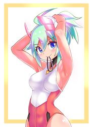  ahoge armpits arms_up azure_striker_gunvolt bare_shoulders blue_eyes blush breasts closed_mouth commentary cougar_(cougar1404) female green_hair gunvolt_chronicles_luminous_avenger_ix hair_tie_in_mouth hairband highleg highleg_leotard leotard looking_at_viewer medium_breasts mouth_hold ponytail roro_(gunvolt) short_hair sideboob smile solo tying_hair 