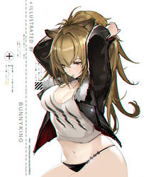  animal_ears arknights artist_name black_jacket black_panties blonde_hair breasts brown_eyes bunnyking618 choker cleavage commentary_request cowboy_shot female fur_trim hair_between_eyes hair_tie_in_mouth highres holding jacket large_breasts lion_ears long_hair midriff mouth_hold navel panties siege_(arknights) solo tank_top tying_hair underwear white_background white_tank_top 