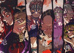  6+boys abs akaza_(kimetsu_no_yaiba) bad_id bad_twitter_id brother_and_sister column_lineup crying daki_(kimetsu_no_yaiba) demon demon_boy demon_girl demon_horns douma_(kimetsu_no_yaiba) extra_eyes facial_mark fangs female gyokko_(kimetsu_no_yaiba) gyuutarou_(kimetsu_no_yaiba) hantengu_(kimetsu_no_yaiba) highres horns kimetsu_no_yaiba kokushibou mswgorimura multiple_boys open_mouth siblings smile symbol-shaped_pupils text_in_eyes 