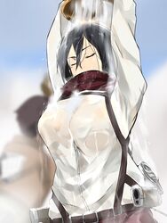  arms_up belt black_hair breasts brown_belt bucket cafekun chest_strap closed_eyes female highres large_breasts mikasa_ackerman red_scarf scarf shingeki_no_kyojin shirt short_hair solo_focus three-dimensional_maneuver_gear water wet wet_clothes wet_shirt white_shirt 