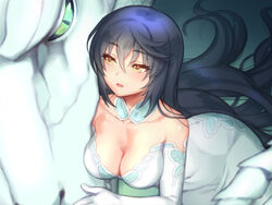  aqua_choker black_hair black_sclera breasts cleavage collarbone colored_sclera commentary_request covered_navel dragon dress elbow_gloves female folks_(nabokof) gloves green_eyes hair_between_eyes hair_over_shoulder large_breasts long_dress long_hair maotelus_(tales) open_mouth partial_commentary straight_hair strapless strapless_dress tales_of_(series) tales_of_berseria velvet_crowe very_long_hair white_dress white_gloves yellow_eyes 