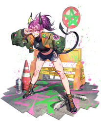  astrid_remond astrid_remond_(earth) bandaid dragon_girl dragon_horns dragon_tail female full_body highres horns korean_commentary looking_at_viewer lord_of_heroes one_eye_closed pale_skin pointy_ears purple_eyes purple_hair sixa tail v 