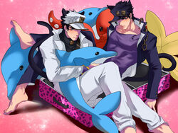  2boys androgyne_symbol animal_ears animal_print bad_id bad_pixiv_id barefoot black_hair blue_eyes cat_ears cat_tail chains coat diamond_wa_kudakenai dual_persona gakuran hat jojo_no_kimyou_na_bouken kemonomimi_mode kujo_jotaro large_pectorals leopard_print less_end long_coat male_focus multiple_boys muscular muscular_male pectorals school_uniform sitting stardust_crusaders stuffed_animal stuffed_dolphin stuffed_octopus stuffed_starfish stuffed_toy suitcase tail turtleneck white_coat 