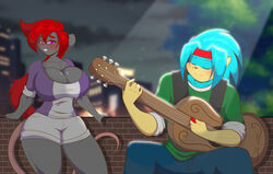  accessory anthro bandana big_breasts blush bottomwear breasts brick_wall chad_hodgeson city cleavage closed_eyes clothed clothing duo eulipotyphlan female guitar hair headband hedgehog kerchief light male male/female mammal mastergodai moonlight mouse murid murine musical_instrument plucked_string_instrument purple_eyes rascals red_hair rodent ruby_fields serenade shirt shorts smile string_instrument tank_top topwear wall_(structure) 