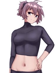  absurdres alternate_costume aoba_(kancolle) black_scrunchie black_sweater blue_eyes female hair_ornament hair_scrunchie hand_on_own_hip highres ikadamo kantai_collection looking_at_viewer messy_hair midriff navel ponytail purple_hair scrunchie simple_background smile solo sweater turtleneck turtleneck_sweater upper_body white_background 