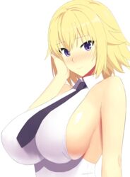  absurdres bare_arms bare_shoulders blonde_hair blush breasts closed_mouth collared_shirt fate/apocrypha fate/grand_order fate_(series) female hand_on_own_cheek hand_on_own_face highres huge_breasts jeanne_d&#039;arc_(fate) jeanne_d&#039;arc_(girl_from_orleans)_(fate) necktie nose_blush purple_eyes purple_necktie reyomi_(reyomi9) shirt short_hair sideboob simple_background skindentation sleeveless sleeveless_shirt smile solo upper_body white_background white_shirt 