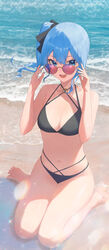  absurdres bare_shoulders barefoot beach bikini black_bikini black_ribbon blue_eyes blue_hair blue_nails blush breasts collarbone criss-cross_halter day eyelashes feet female full_body hair_between_eyes hair_ribbon halterneck hands_up highres hololive hoshimachi_suisei legs lens_flare long_hair looking_at_viewer looking_over_eyewear nail_polish navel ocean on_ground open_mouth outdoors pink-tinted_eyewear raeis ribbon shadow shiny_skin side_ponytail sidelocks sitting small_breasts solo sparkle spread_toes star_(symbol) star_in_eye string_bikini sunglasses swimsuit symbol_in_eye teeth thighs tinted_eyewear toenails toes upper_teeth_only virtual_youtuber wariza water 