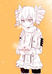  6_(yuchae) bowl breath bronya_zaychik bronya_zaychik_(snowy_sniper) closed_mouth drill_hair female food fur-trimmed_jacket fur_trim grey_eyes hair_between_eyes holding holding_bowl honkai_(series) honkai_impact_3rd jacket long_sleeves looking_down scarf snow snowing solo soup twin_drills white_hair yellow_background 