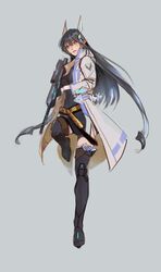  black_hair blue_eyes boots female full_body gloves grey_background gun hair_ornament holding holding_weapon korean_commentary long_hair looking_to_the_side lord_of_heroes machamyo olivia_pavlichenko olivia_pavlichenko_(water) pale_skin pointy_ears rifle thigh_boots thighhighs weapon 