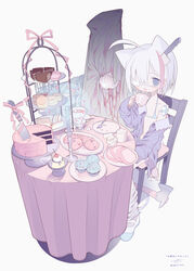  2others absurdres ahoge animal_ears axe bandages bangs bikini bikini_under_clothes blue_bikini blush cake cake_slice cake_stand candle candlestand cat_ears cat_girl cat_tail chair cherry collarbone commentary_request cup cupcake eyepatch female flat_chest food fork fruit gauze highres holding holding_cup knife knife_in_head layer_cake long_sleeves loose_socks macaron medical_eyepatch micro_bikini multicolored_hair multiple_others navel off_shoulder on_chair one_eye_covered open_clothes open_mouth open_shirt original outo_eguchi pink_ribbon plate pudding purple_eyes purple_shirt ribbon shirt shoes short_hair signature simple_background sitting sleeves_past_wrists smile socks solo_focus sparkle streaked_hair string_bikini sugar_bowl sugar_cube swimsuit table tablecloth tail teacup teapot tiered_tray translation_request twitter_username uwabaki white_background white_footwear white_hair white_socks 