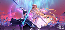  1boy absurdres action arena_of_valor arm_up armor armpits asuna_(sao) asuna_(stacia) aurora belt black_coat black_hair black_pants blue_eyes blue_rose_sword braid breastplate breasts brown_eyes brown_hair cloud coat commentary copyright_name debris detached_collar dress dual_wielding elbow_gloves energy english_commentary eye_reflection feet_out_of_frame female fighting_stance floating_hair floating_rock gloves glowing glowing_hand glowing_sword glowing_weapon gradient_sky highres holding holding_sword holding_weapon hyulla kirito long_hair long_sleeves looking_at_viewer looking_away looking_to_the_side magic medium_breasts night_sky_sword official_art outdoors outstretched_arm outstretched_arms pants parted_bangs pink_sky radiant_light rapier reflection rock scenery sheath short_dress sky standing straight_hair sword sword_art_online sword_art_online:_alicization sword_art_online:_alicization_-_war_of_underworld teeth thighhighs thighs unsheathed upper_teeth_only v-shaped_eyebrows very_long_hair weapon white_dress white_gloves white_thighhighs zettai_ryouiki 