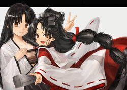  2girls :d ahoge bandeau black_hair brown_eyes closed_mouth folding_fan hair_ornament hand_fan high_ponytail holding holding_fan japanese_clothes kantai_collection kimono long_hair long_sleeves miko multi-tied_hair multiple_girls nisshin_(kancolle) oerba_yun_fang open_mouth photoshop_(medium) radar_hair_ornament red_ribbon ribbon shouhou_(kancolle) smile toka_(marchlizard) v very_long_hair white_kimono wide_sleeves 