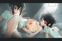  3boys androgynous black_hair blonde_hair green_eyes hospital_gown leeee_ro looking_at_viewer lord_of_heroes multiple_boys nine_(dark) nine_(earth) nine_(lord_of_heroes) nine_(water) otoko_no_ko pink_eyes pointy_ears red_eyes 