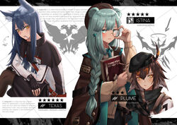  3girls adjusting_eyewear ahoge animal_ears aqua_eyes aqua_hair aqua_neckwear arknights artist_name bag bear_ears beret black_gloves black_headwear black_legwear blue_hair blush book braid breasts brown_cloak brown_hair brown_headwear capelet cigarette cloak collared_shirt cowboy_shot crest crossed_arms directional_arrow english_text eyebrows_visible_through_hair fingerless_gloves gloves hair_between_eyes hair_ornament hat istina_(arknights) jacket kurisustinah letterboxed lips lipstick long_hair long_sleeves looking_at_viewer low-tied_long_hair makeup monocle mouth_hold multiple_girls name_tag necktie orange_eyes pantyhose plume_(arknights) shirt short_hair shoulder_bag shoulder_strap simple_background sitting small_breasts star star_hair_ornament straight_hair sweater tan_sweater texas_(arknights) white_background white_jacket white_shirt wolf_ears yellow_eyes 