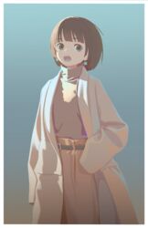  bad_id bad_pixiv_id belt blue_background blue_eyes bob_cut border brown_background brown_coat brown_hair brown_pants brown_sweater coat commentary cowboy_shot earrings female gradient_background highres jewelry kenharu long_sleeves looking_at_viewer open_clothes open_coat open_mouth original pants short_hair sleeves_past_fingers sleeves_past_wrists solo sweater teeth turtleneck turtleneck_sweater upper_teeth_only white_border 