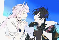  1boy black_hair blue_eyes blue_sky closed_eyes commentary female horns iiii_roland lairei_yen lairei_yen_(light) looking_at_another lord_(lord_of_heroes) lord_of_heroes male_lord_(lord_of_heroes) pale_skin paper pink_hair protected_link sky symbol-only_commentary 